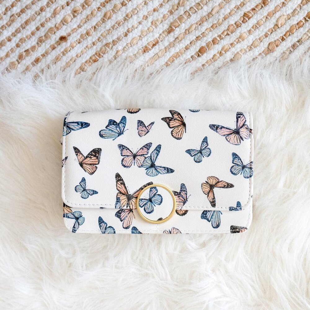 BUTTERFLY PASTEL & WHITE WITH GOLD HARDWARE CLUTCH WALLET ORGANIZER